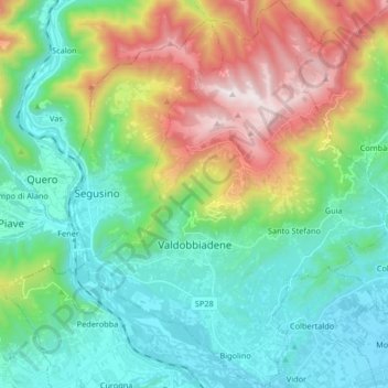 Mapa topográfico Valdobbiadene, altitude, relevo