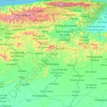 Mapa topográfico Estado Aragua, altitude, relevo