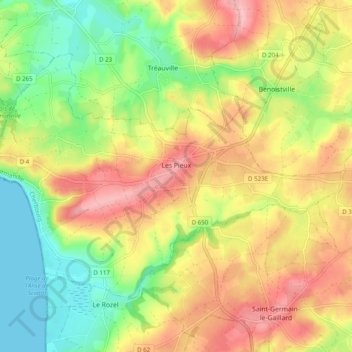 Mapa topográfico Les Pieux, altitude, relevo