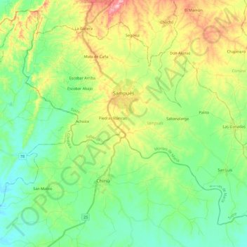 Mapa topográfico Sampués, altitude, relevo