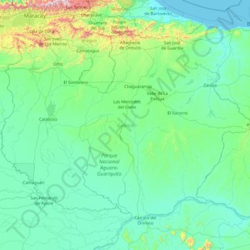 Mapa topográfico Guárico, altitude, relevo