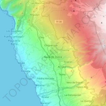 Mapa topográfico Guía de Isora, altitude, relevo