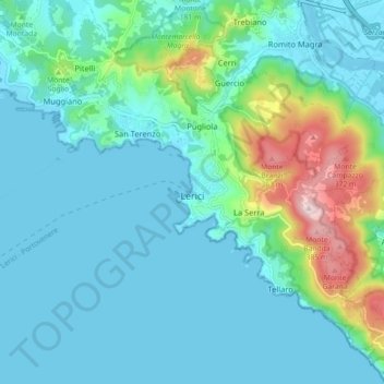 Mapa topográfico Lerici, altitude, relevo