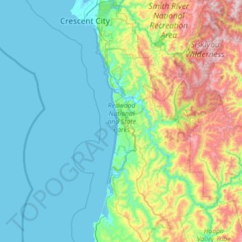 Mapa topográfico Redwood National Park, altitude, relevo