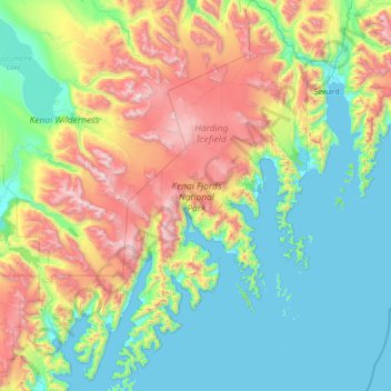 Mapa topográfico Kenai Fjords National Park, altitude, relevo