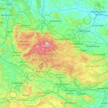 Mapa topográfico Harz, altitude, relevo
