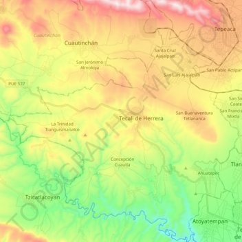 Mapa topográfico Tecali de Herrera, altitude, relevo