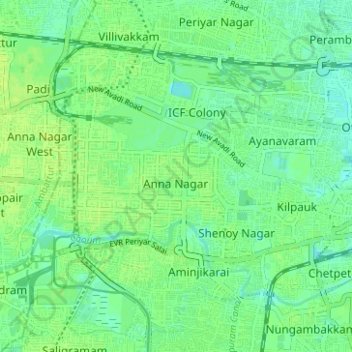 Mapa topográfico Zone 8 Anna Nagar, altitude, relevo