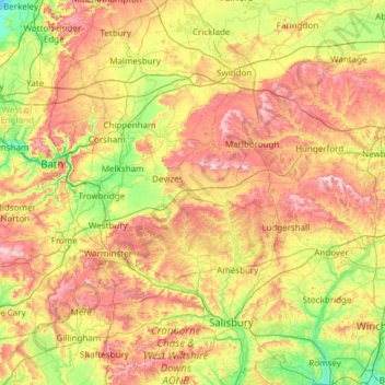 Mapa topográfico Wiltshire, altitude, relevo