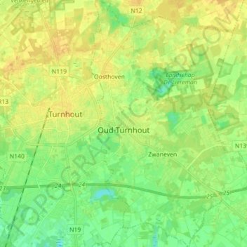 Mapa topográfico Oud-Turnhout, altitude, relevo