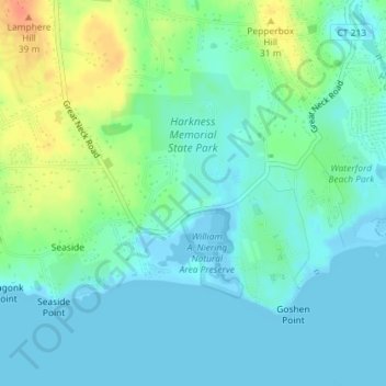 Mapa topográfico Harkness Memorial State Park, altitude, relevo