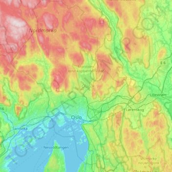 Mapa topográfico Oslo, altitude, relevo