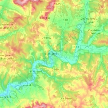 Mapa topográfico Brantôme en Périgord, altitude, relevo