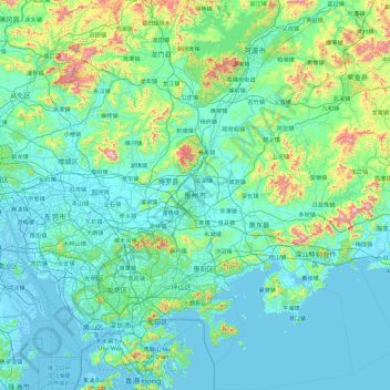 Mapa topográfico Huizhou, altitude, relevo