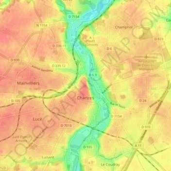 Mapa topográfico Chartres, altitude, relevo