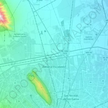 Mapa topográfico General Escobedo, altitude, relevo