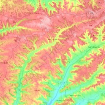 Mapa topográfico Montcuq-en-Quercy-Blanc, altitude, relevo