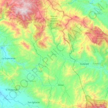 Mapa topográfico Orica, altitude, relevo