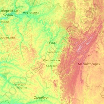 Mapa topográfico Bashkortostan, altitude, relevo