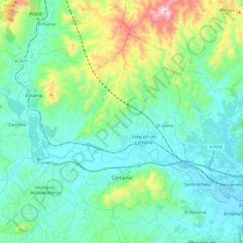 Mapa topográfico Cártama, altitude, relevo