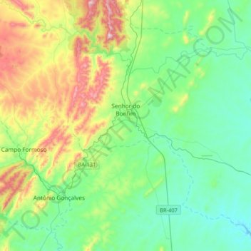 Mapa topográfico Senhor do Bonfim, altitude, relevo