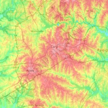 Mapa topográfico Cary, altitude, relevo
