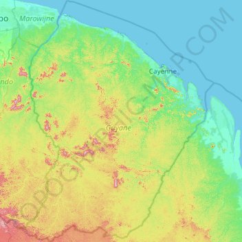 Mapa topográfico Guiana Francesa, altitude, relevo