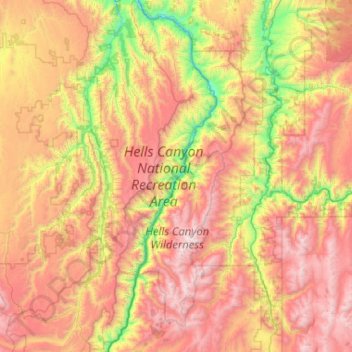 Mapa topográfico Hells Canyon Wilderness, altitude, relevo