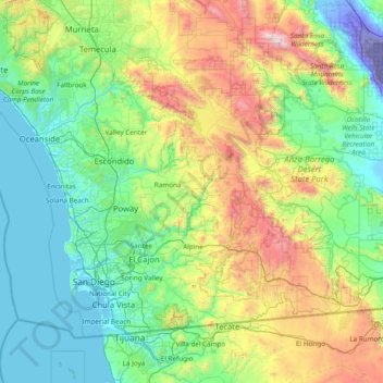 Mapa topográfico San Diego County, altitude, relevo