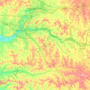 Mapa topográfico Eau Claire County, altitude, relevo