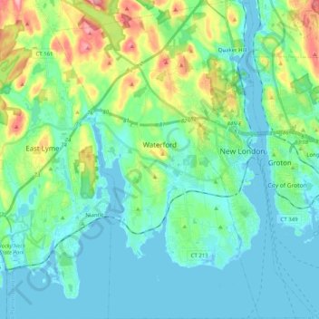 Mapa topográfico Waterford, altitude, relevo