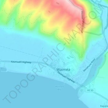 Mapa topográfico Waimea, altitude, relevo