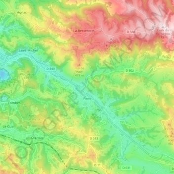 Mapa topográfico Firmi, altitude, relevo