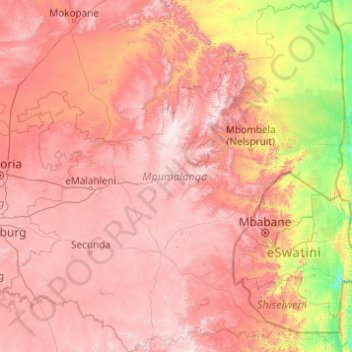 Mapa topográfico Mepumalanga, altitude, relevo