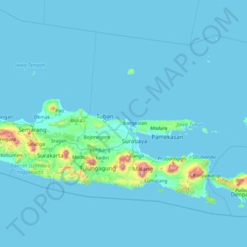 Mapa topográfico Jawa Timur, altitude, relevo