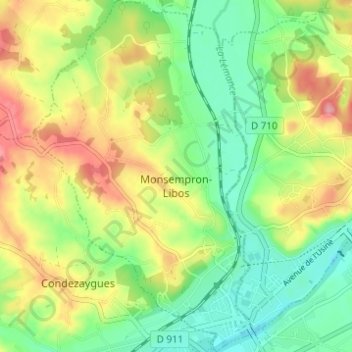 Mapa topográfico Monsempron-Libos, altitude, relevo