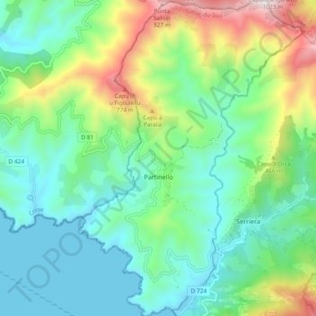 Mapa topográfico Partinello, altitude, relevo