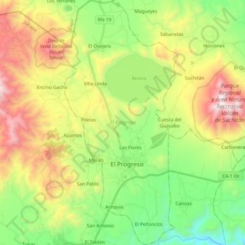Mapa topográfico El Progreso, altitude, relevo