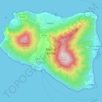 Mapa topográfico Isola di Salina, altitude, relevo