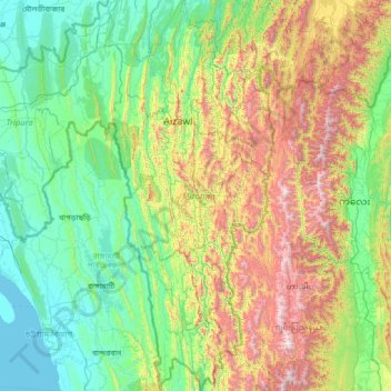 Mapa topográfico Mizoram, altitude, relevo