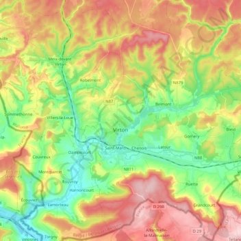 Mapa topográfico Virton, altitude, relevo