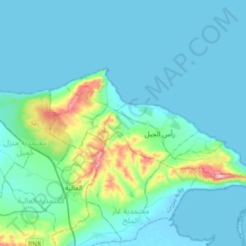Mapa topográfico Ras Jebel, altitude, relevo