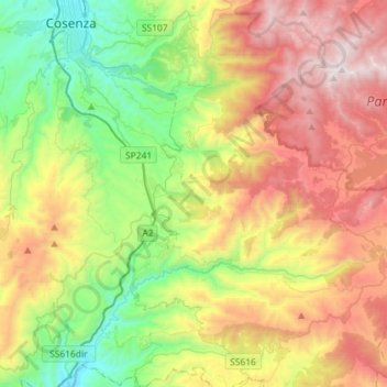 Mapa topográfico Aprigliano, altitude, relevo