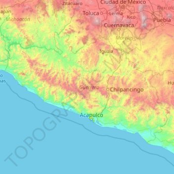 Mapa topográfico Guerrero, altitude, relevo