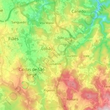 Mapa topográfico Lobão, Gião, Louredo e Guisande, altitude, relevo