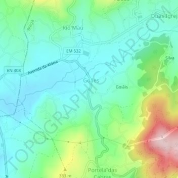 Mapa topográfico Goães, altitude, relevo