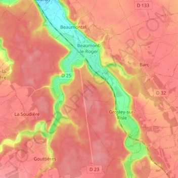 Mapa topográfico Beaumont-le-Roger, altitude, relevo