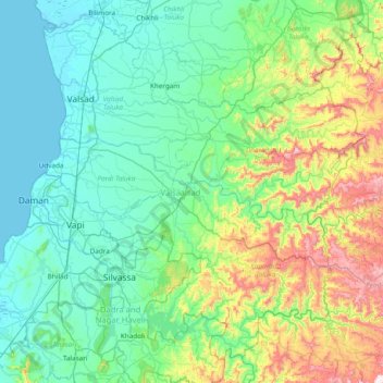 Mapa topográfico Valsad, altitude, relevo