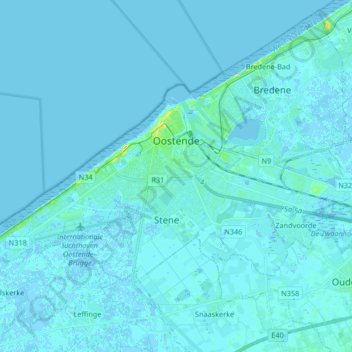 Mapa topográfico Ostende, altitude, relevo