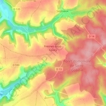 Mapa topográfico Fresnes-sous-Coucy, altitude, relevo